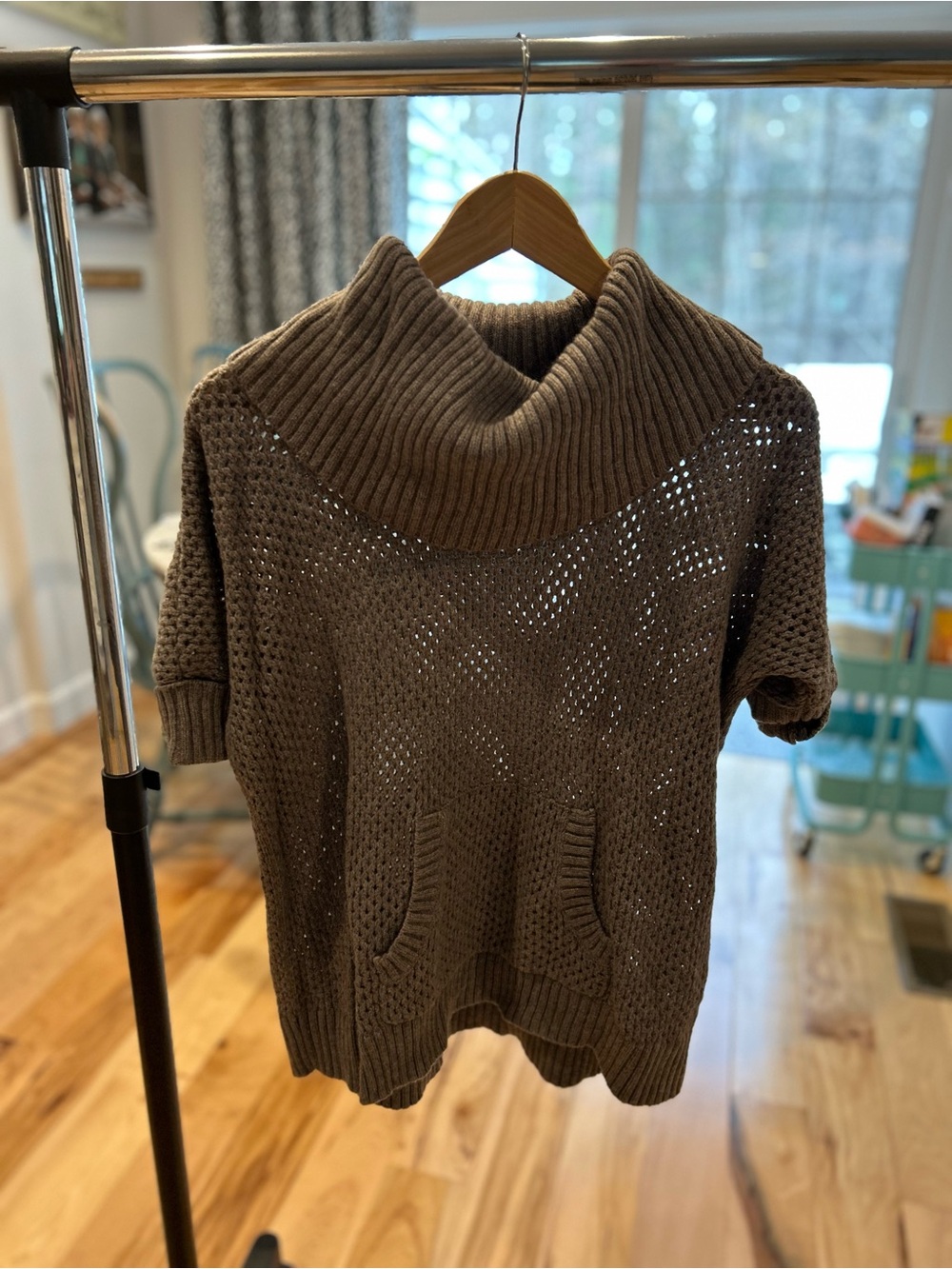 BCBGMaxAzria Gray Short-Sleeve Cowl Neck Open-Knit Sweater